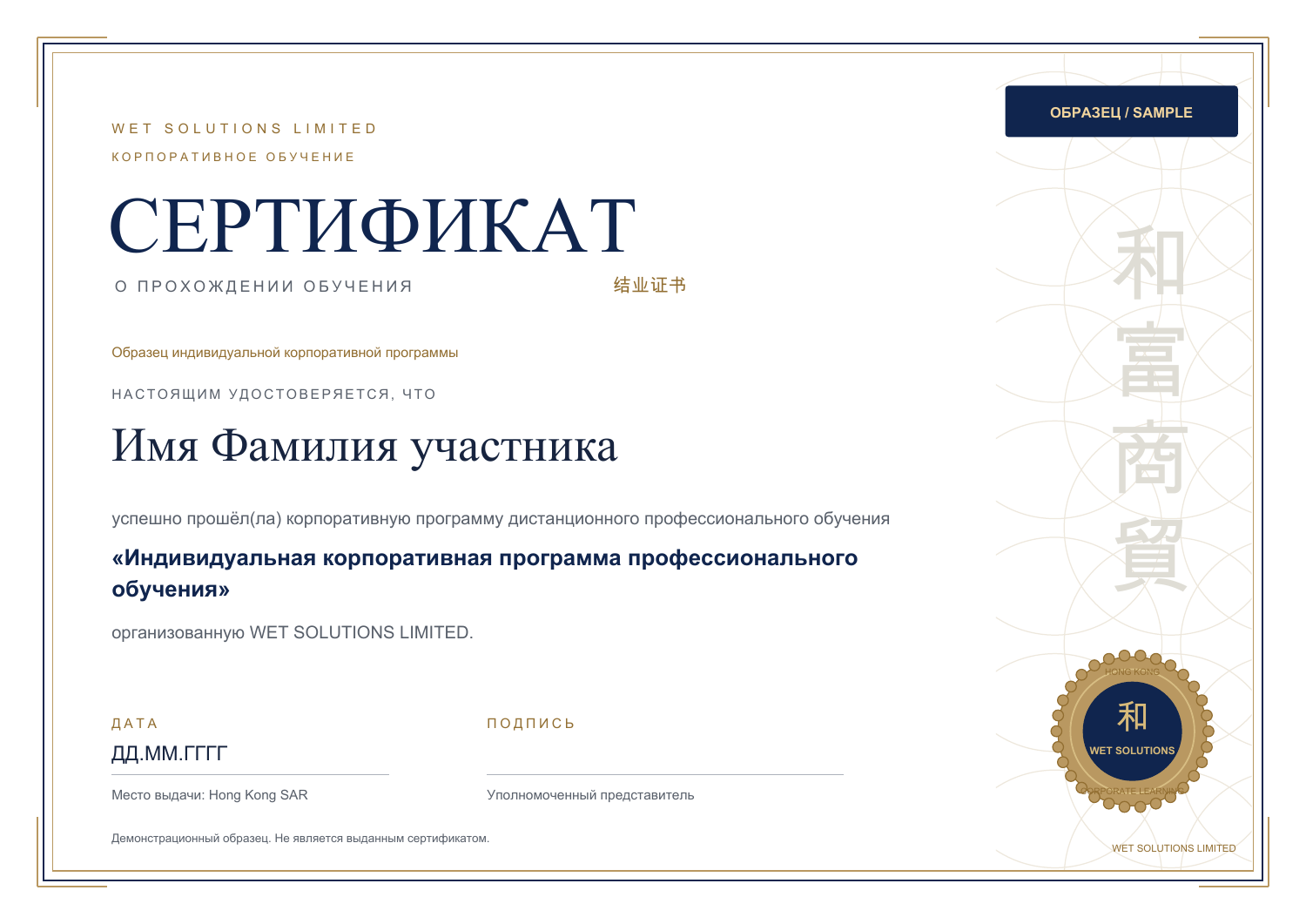 Обезличенный образец сертификата WET о прохождении индивидуальной корпоративной программы